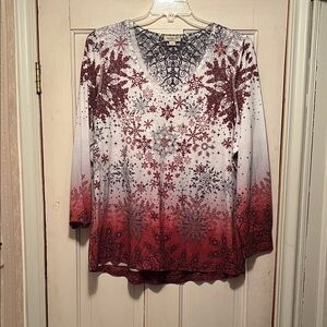 ONE WORLD Red and White Snowflake Long Sleeve Top